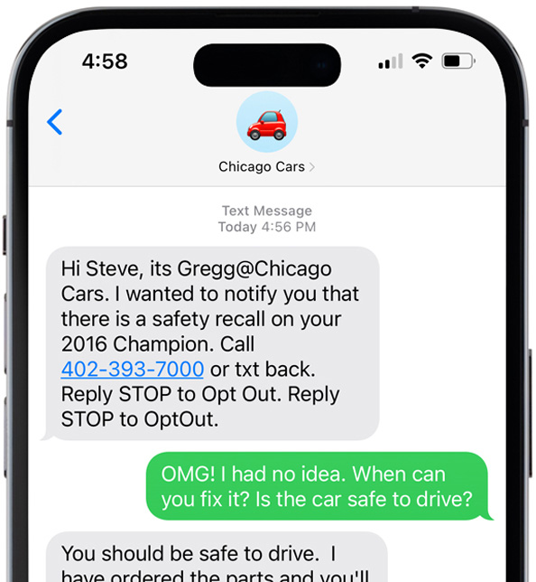 Recall safety appointment text message for dealership